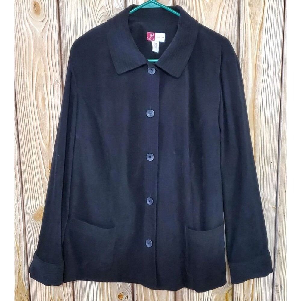 JM Collection Jacket Womens 24W Plus Black Velour Button Front 2-Pockets Mature